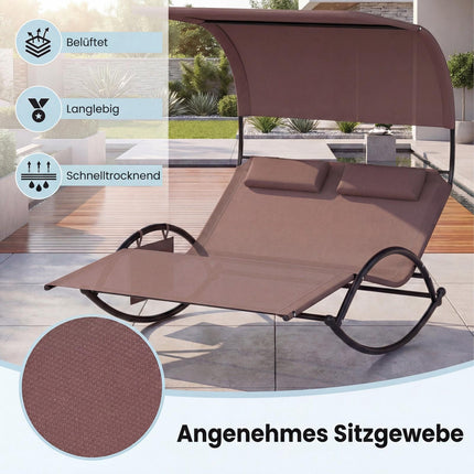 Double Swing Sun Lounger With Canopy, Side Pocket, 2 Headrests