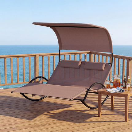 Double Swing Sun Lounger With Canopy, Side Pocket, 2 Headrests
