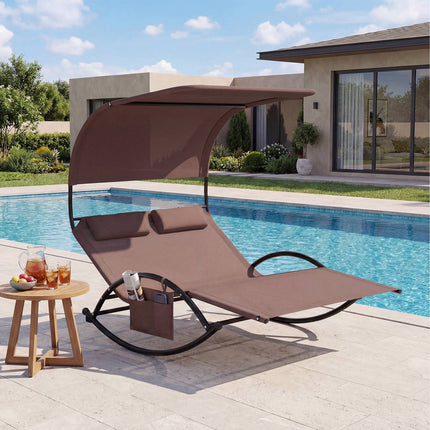 Double Swing Sun Lounger With Canopy, Side Pocket, 2 Headrests