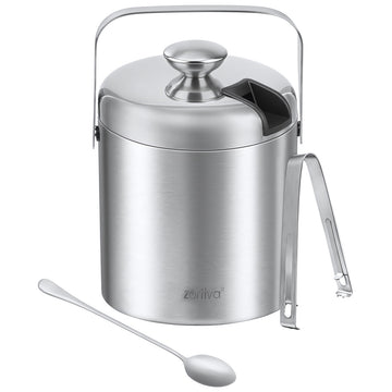 Double-Walled Ice Bucket 1.3 L with Tongs and Bar Spoon, Strainer, Lid, Silver