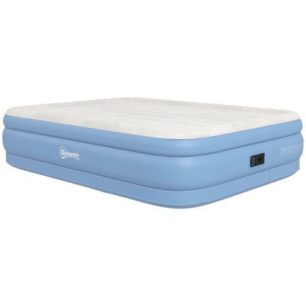 Double air mattress for camping with pillow & pump, light blue