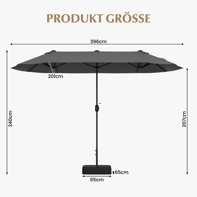 Double parasol with stand 400 x 200 cm parasol large XXL grey