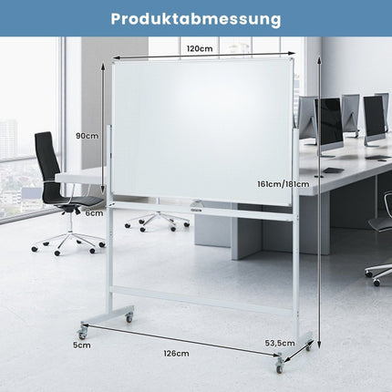 Double-sided mobile whiteboard with grid pattern & stand & pen tray 120x90cm white