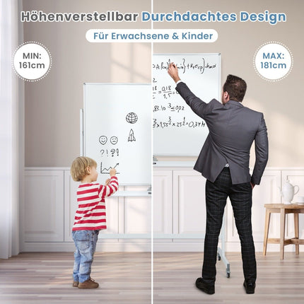 Double-sided mobile whiteboard with grid pattern & stand & pen tray 120x90cm white