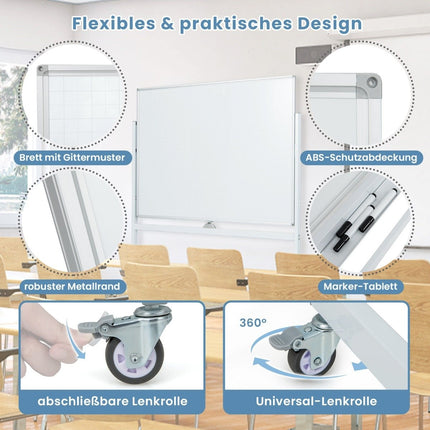 Double-sided mobile whiteboard with grid pattern & stand & pen tray 120x90cm white