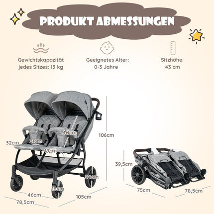 Double stroller sibling stroller with individual tilt 105 x 78.5 x 106 cm gray