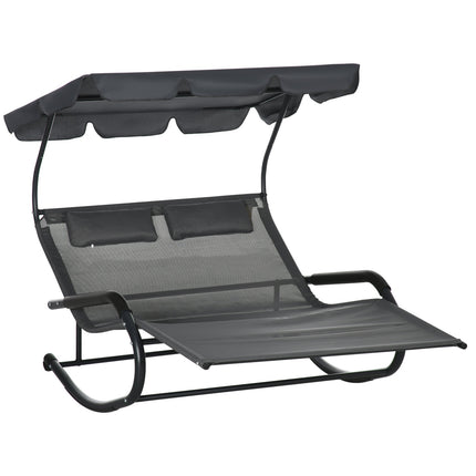 Dubbele ligstoel, schommelbank met zonnekap, schommelstoel op wielen, tuinligstoel met kussen, 220 kg belasting, voor 2 personen, donkergrijs, 200x139x140cm Aosom