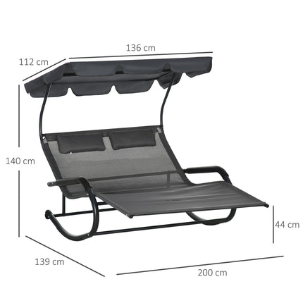 Dubbele ligstoel, schommelbank met zonnekap, schommelstoel op wielen, tuinligstoel met kussen, 220 kg belasting, voor 2 personen, donkergrijs, 200x139x140cm Aosom