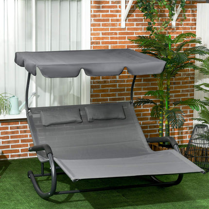 Dubbele ligstoel, schommelbank met zonnekap, schommelstoel op wielen, tuinligstoel met kussen, 220 kg belasting, voor 2 personen, donkergrijs, 200x139x140cm Aosom