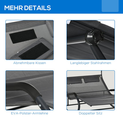 Dubbele ligstoel, schommelbank met zonnekap, schommelstoel op wielen, tuinligstoel met kussen, 220 kg belasting, voor 2 personen, donkergrijs, 200x139x140cm Aosom