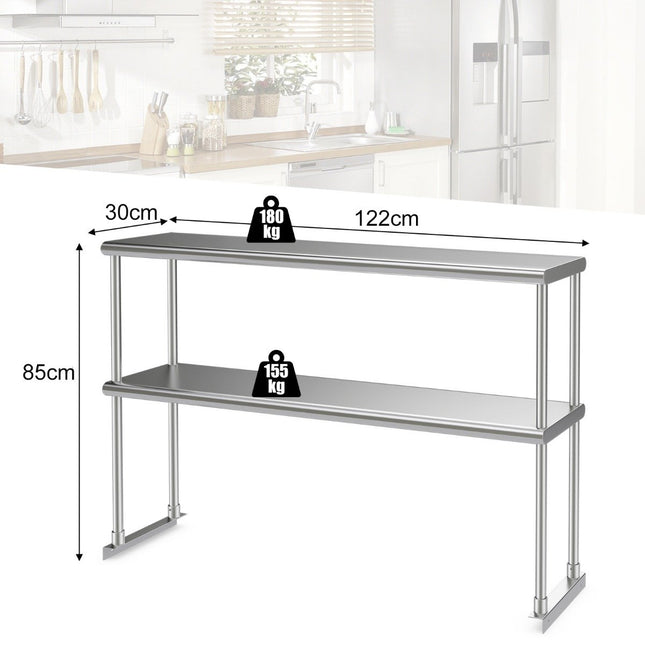 Double tier top shelf stainless steel shelf with adjustable bottom shelf multi-purpose shelf silver