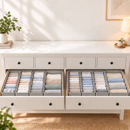 Drawer Organiser 8-Piece Set with Divider Boxes, Light Grey, Non-Woven Fabric