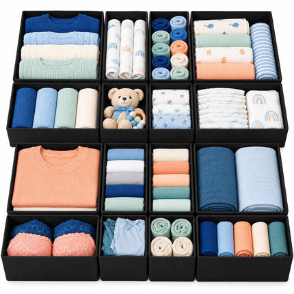 Drawer Organiser Boxes 16-Piece Set in 3 Sizes, Black, Non-Woven Fabric