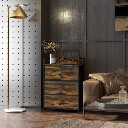 Rustic brown dresser with 4 folding fabric drawers