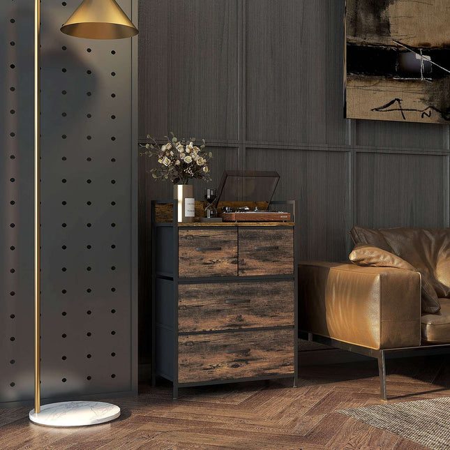 Rustic brown dresser with 4 folding fabric drawers