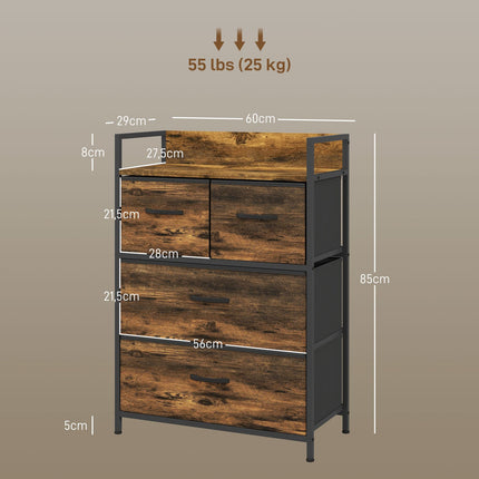 Rustic brown dresser with 4 folding fabric drawers