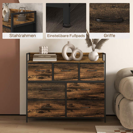 Industrial Style Sideboard, 7 Fabric Drawers - Rustic Brown