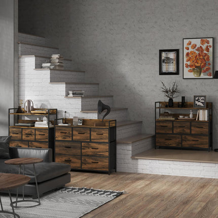 Industrial Style Sideboard, 7 Fabric Drawers - Rustic Brown