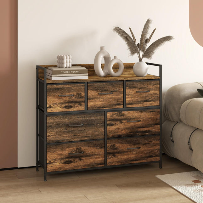 Industrial Style Sideboard, 7 Fabric Drawers - Rustic Brown