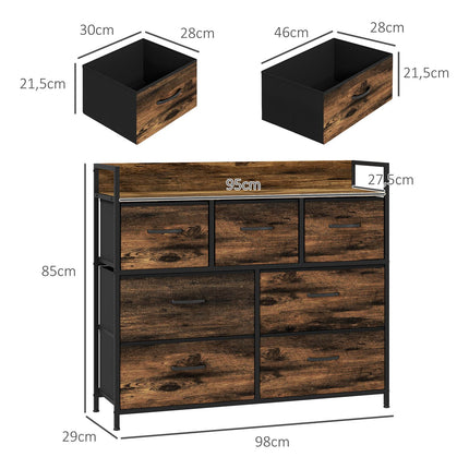 Industrial Style Sideboard, 7 Fabric Drawers - Rustic Brown