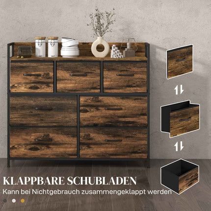 Industrial Style Sideboard, 7 Fabric Drawers - Rustic Brown