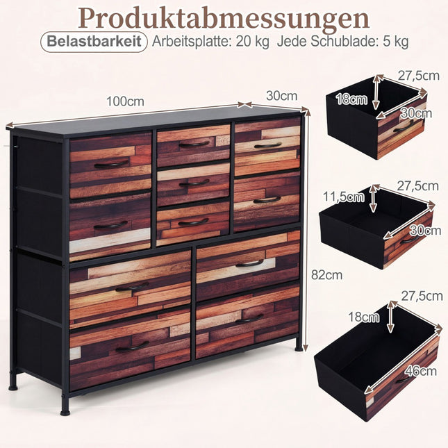 Dresser with 11 Fabric Drawers, Metal Frame, Wood Top