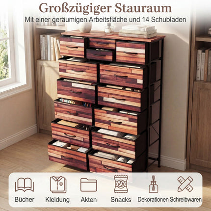 Dresser with 14 Fabric Drawers, Metal Frame, Wood Top