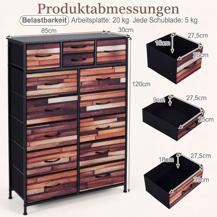Dresser with 14 Fabric Drawers, Metal Frame, Wood Top