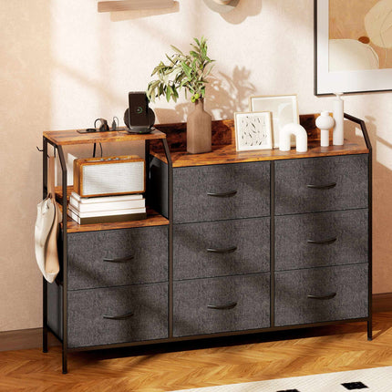 Dresser with 8 Fabric Drawers, Steel Frame, Charging Station