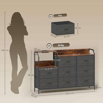 Dresser with 8 Fabric Drawers, Steel Frame, Charging Station
