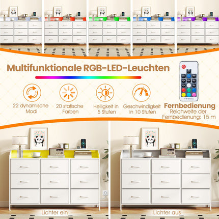 Dresser with LED Lights, Charging Station, 9 Fabric Drawers