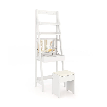 Dressing Table With Mirror and Stool, 2 Shelves, White