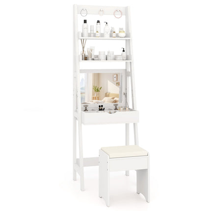 Dressing Table With Mirror and Stool, 2 Shelves, White