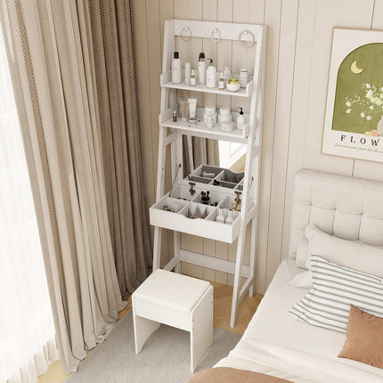 Dressing Table With Mirror and Stool, 2 Shelves, White