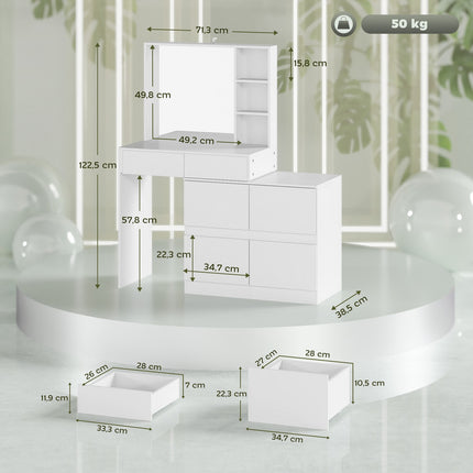 White dressing table with mirror - 4 drawers & shelves