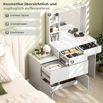 White dressing table with mirror - 4 drawers & shelves