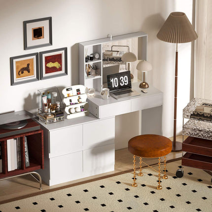 White dressing table with mirror - 4 drawers & shelves
