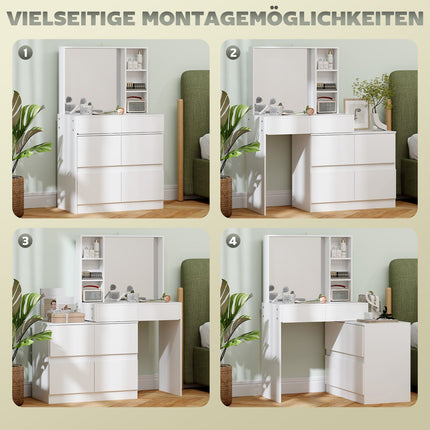 White dressing table with mirror - 4 drawers & shelves