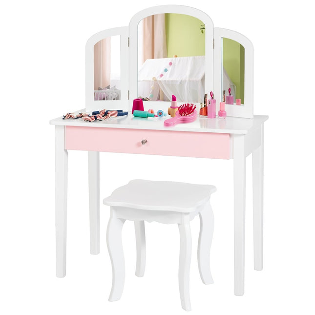 Dressing table set children's 2 in 1 with triple folding mirror and drawer white