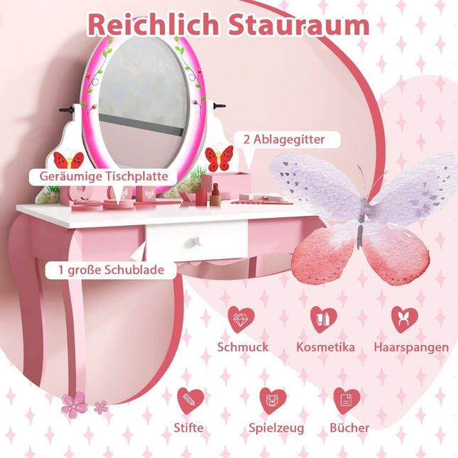Dressing table set with stool for children Dressing table for girls White and pink