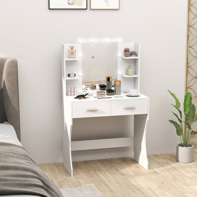Dressing table with mirror and dimmable LED lights, drawers, shelves, white