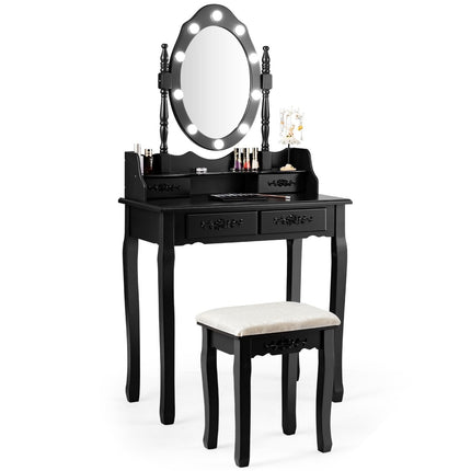 Dressing table with stool, mirror & 10 dimmable LED bulbs, 75 x 40 x 146 cm, black