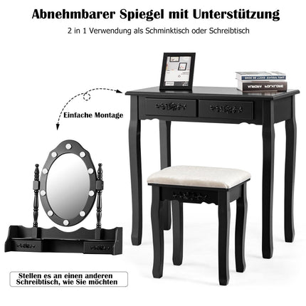 Dressing table with stool, mirror & 10 dimmable LED bulbs, 75 x 40 x 146 cm, black