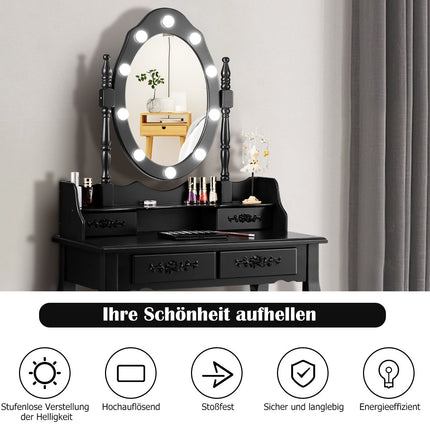Dressing table with stool, mirror & 10 dimmable LED bulbs, 75 x 40 x 146 cm, black