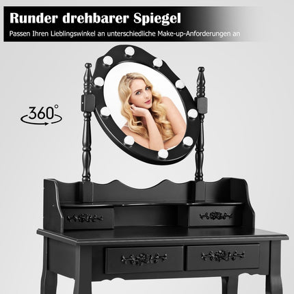 Dressing table with stool, mirror & 10 dimmable LED bulbs, 75 x 40 x 146 cm, black