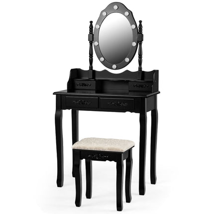 Dressing table with stool, mirror & 10 dimmable LED bulbs, 75 x 40 x 146 cm, black