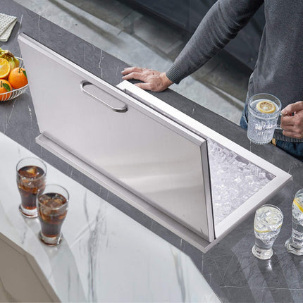Drop-In Ice Chest, 83 QT, Stainless Steel, Hinged Lid, Drain Plug