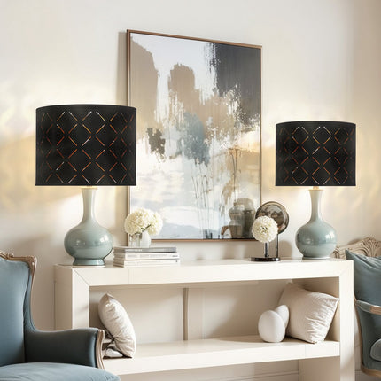 Drum Lamp Shade Set With Harp, 13x13x10 in, Black Gold