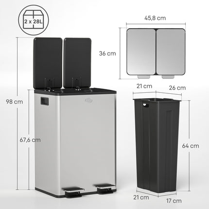 Dual 28L Pedal Bin, Stainless Steel, Soft-Close, Silver