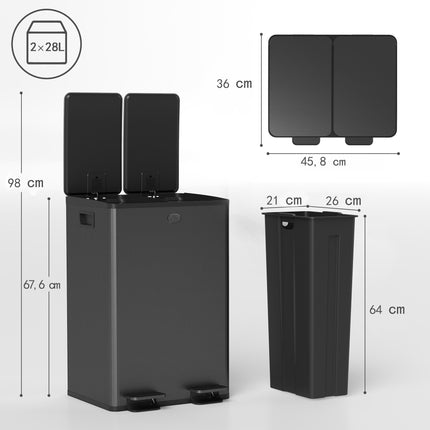 Dual Compartment 28L Trash Bin, Stainless Steel, Black